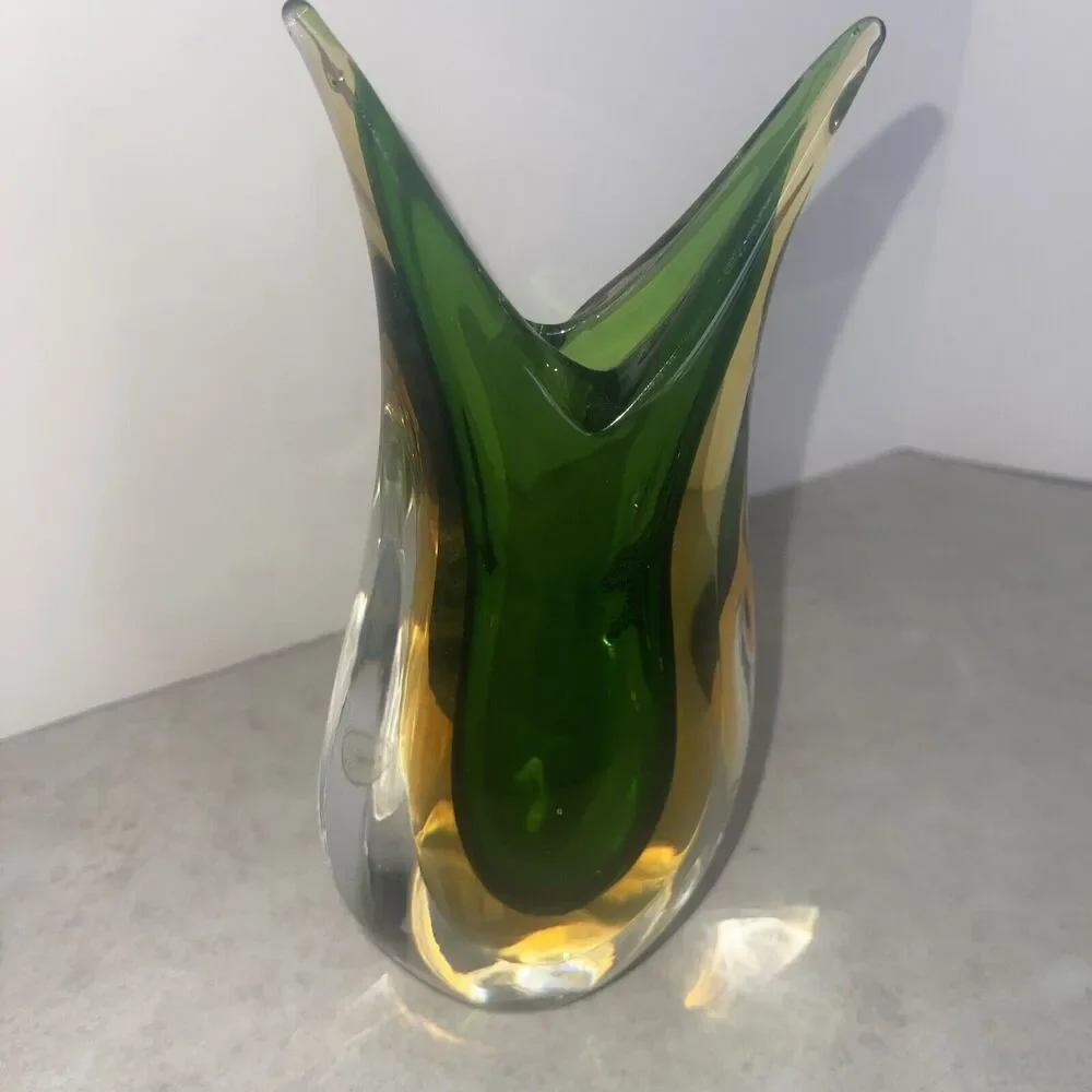 Vtg Murano Art Glass Sommerso Vase Fish Tail Italy 8” Green Vero SRL Cert 2 lb